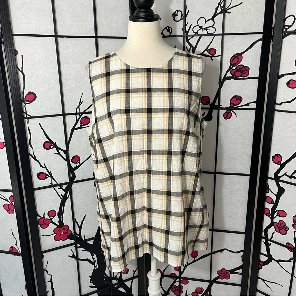 J Jill Plaid Sleeveless Tank Top Split Back Size: L